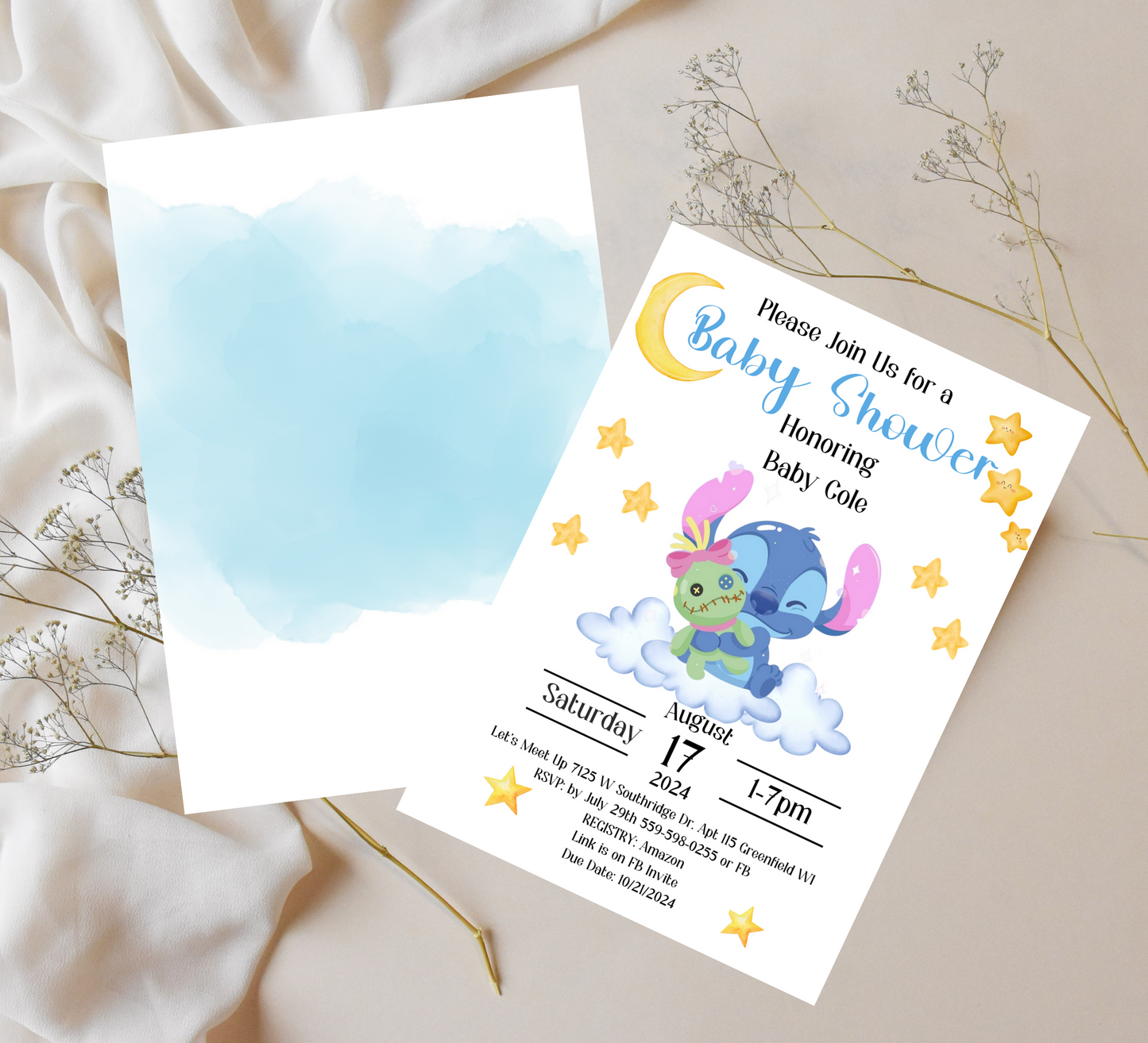 Stitch Baby Shower Invitation | Cute Blue Baby Shower Invite | Editable Canva Template | Printable Baby Shower Card