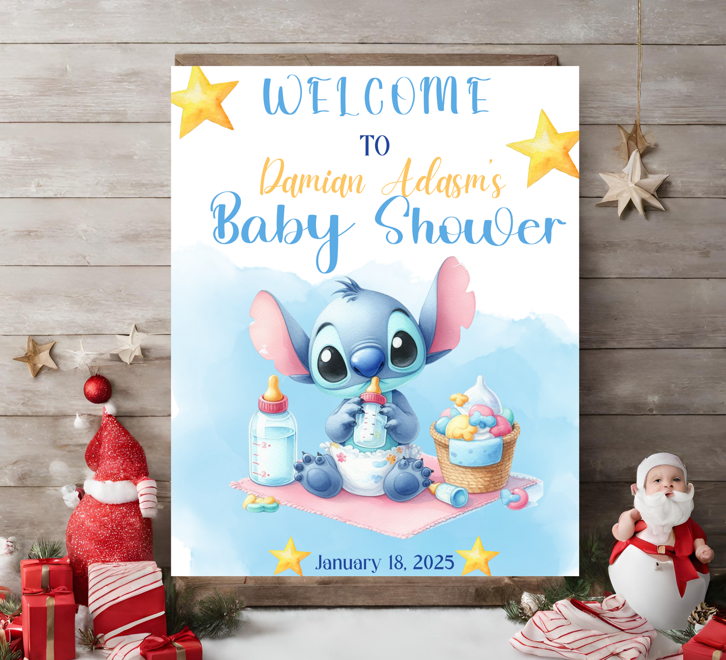 Stitch Watercolor Baby Shower Welcome Sign – Editable Canva Template – Add Your Photo! – Blue Tropical Ohana Baby Shower Decor – Soft Pastel Coastal Welcome Poster