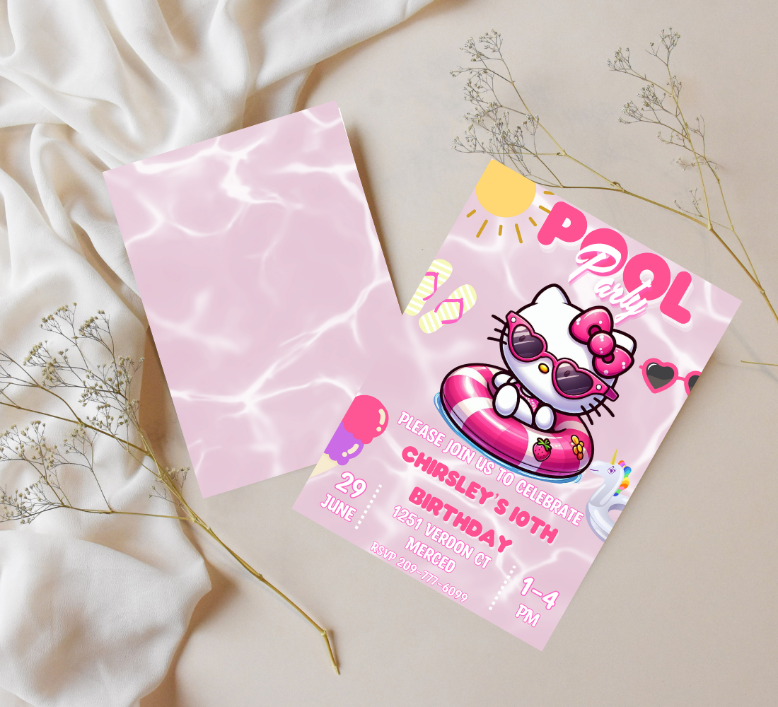 Hello Kitty Pink Pool Party Invitation | Self-Editable in Canva | Kawaii Summer Swim Birthday Invitation | Printable Template |