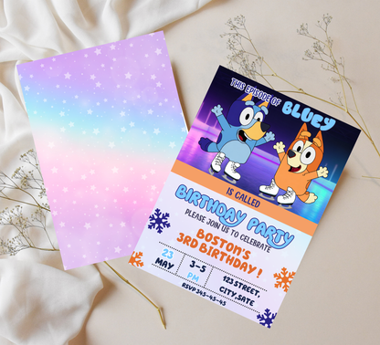 Bluey Ice Skating Winter Birthday Invitation | Editable Canva Template | Frozen Snow Birthday Party Invite | Printable Kids Winter Invitation
