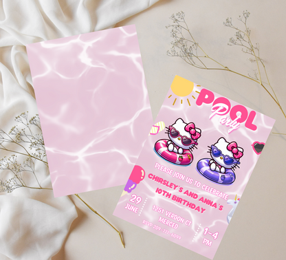 Hello Kitty Pool Birthday Invitation for Two Kids | Editable Canva Template | Kawaii Swim Party Invite | Printable Double Birthday Invitation