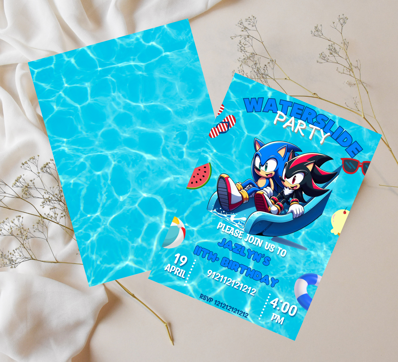 Sonic the Hedgehog & Shadow Waterslide Pool Birthday Invitation | Editable Canva Template | Kids Summer Party Invite | Printable Birthday Invitation