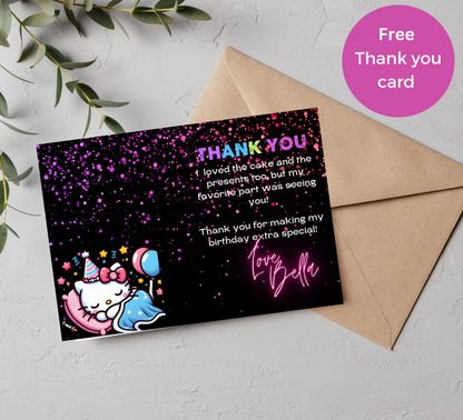 Hello Kitty Neon Sleepover Invitation | Editable Girls Slumber Party Invite | Fun & Customizable Glow Night Template