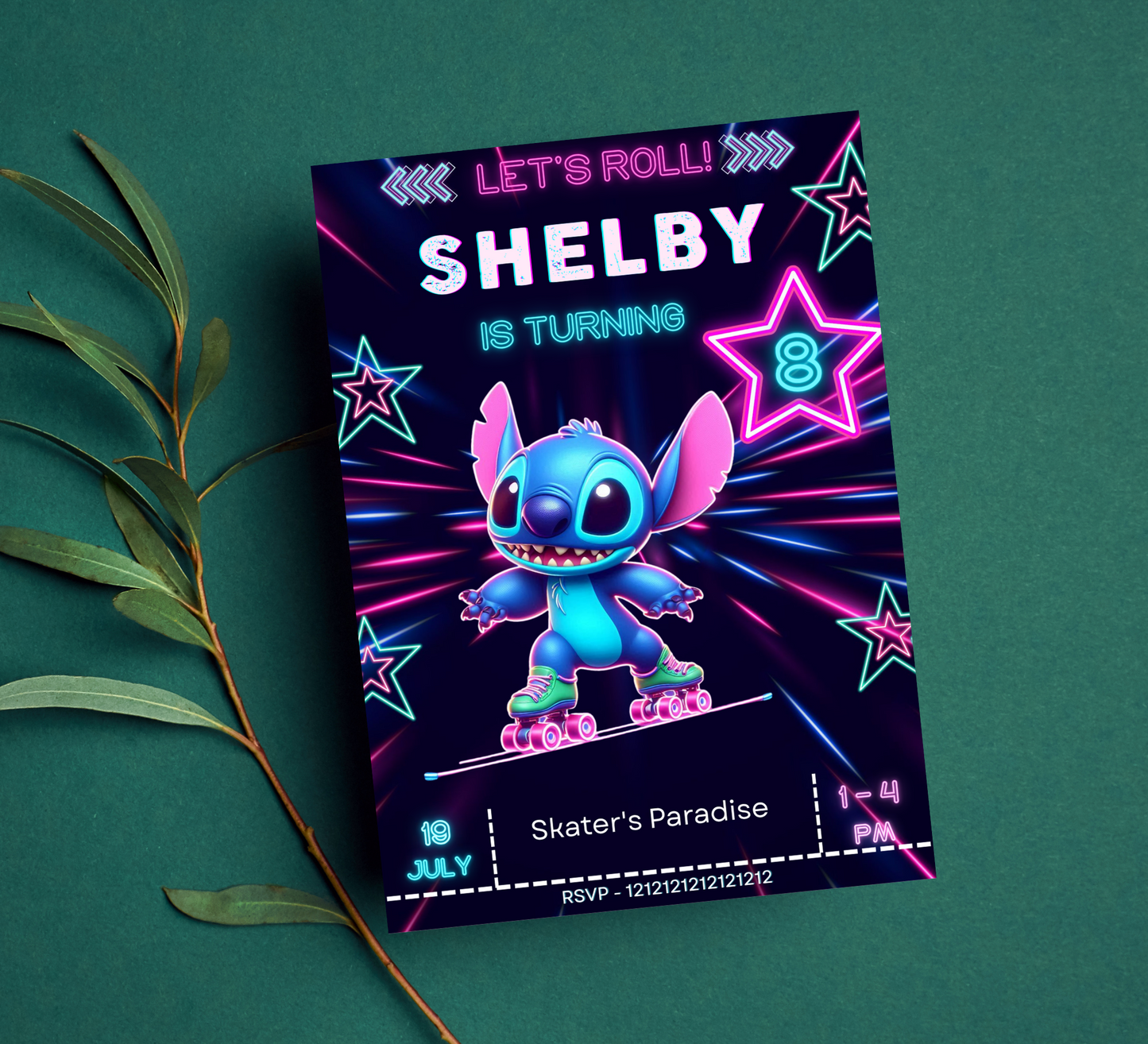 Stitch Neon Roller Skating Birthday Invitation | Editable Canva Template | Kawaii Glow Party Invite | Printable Kids Birthday Invitation