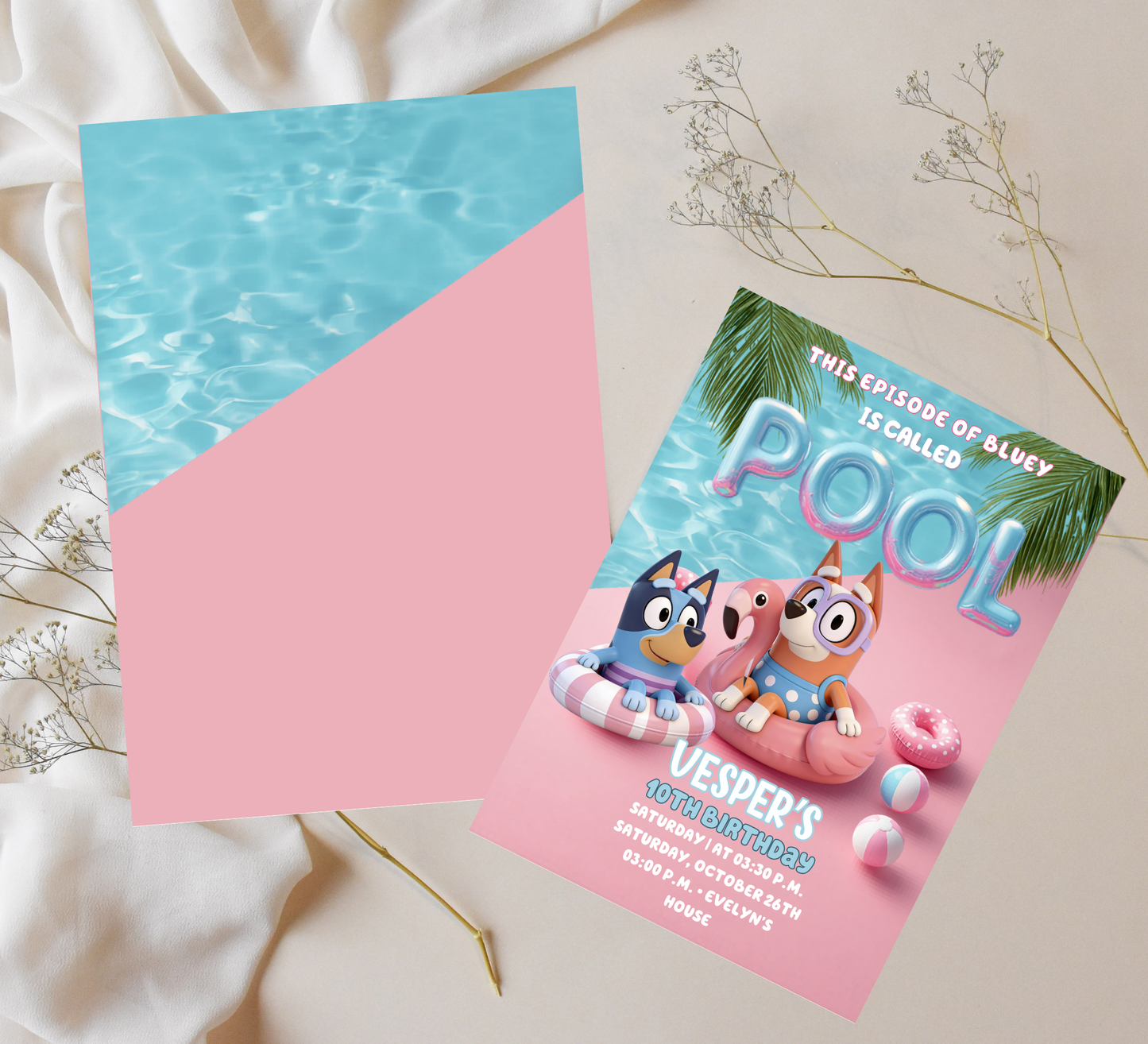 Bluey Pool Birthday Invitation – Editable Canva Template – Bluey & Bingo Swim Party Invite – Kids Summer Splash Birthday Printable – Tropical Heeler Family Pool Bash