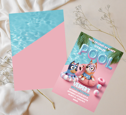 Bluey Pool Birthday Invitation – Editable Canva Template – Bluey & Bingo Swim Party Invite – Kids Summer Splash Birthday Printable – Tropical Heeler Family Pool Bash