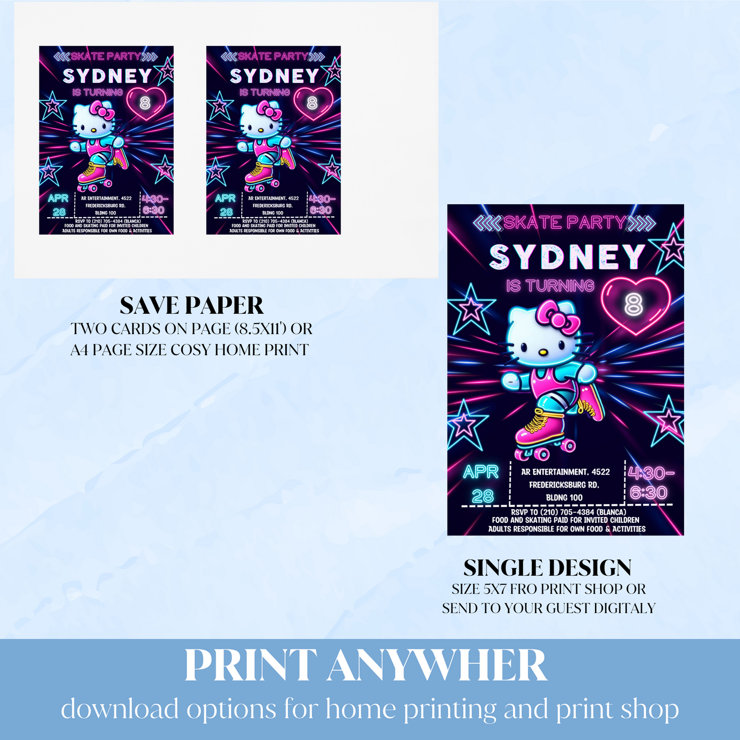 Hello Kitty Neon Roller Skating Birthday Invitation | Fun & Customizable Glow Party Invite