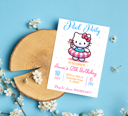 Hello Kitty Flower Pool Birthday Invitation 🌸🎀💦 | Floral Summer Swim Party | Editable Canva Template