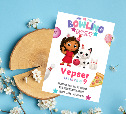Gabby's Dollhouse Bowling Birthday Invitation – Editable Canva Template – Cat-tastic Bowling Party Invite – Kids Summer or Indoor Activity Birthday – Instant Download