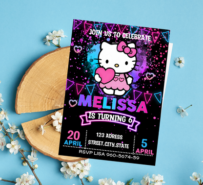 Hello Kitty Neon Birthday Invitation | Kawaii Glow Party Invite | Editable Canva Template | Cute Bright Printable Girls Birthday Invitation