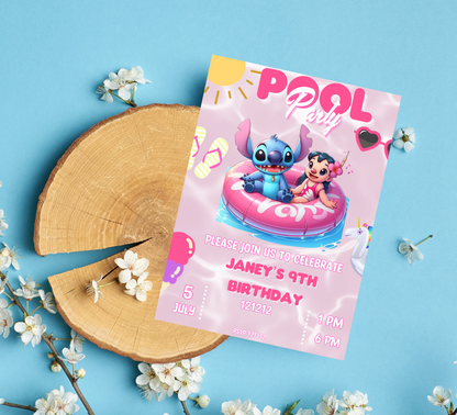 Stitch Pink Pool Birthday Invitation | Tropical Girl's Swim Party Editable Canva Template (Copy)
