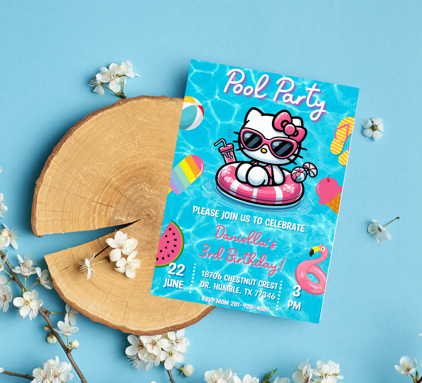 Hello Kitty Pool Blue Birthday Invitation | Editable Canva Template | Kawaii Summer Swim Party Invite | Printable Girls Birthday Invitation