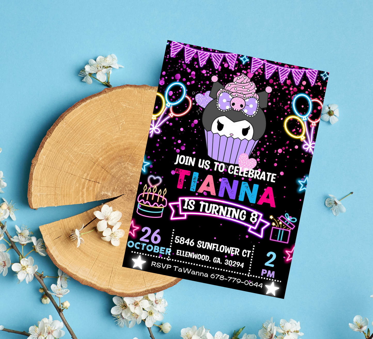Kuromi Neon Birthday Invitation | Kawaii Glow Party Invite | Editable Canva Template | Cute Sanrio Neon Birthday Invitation