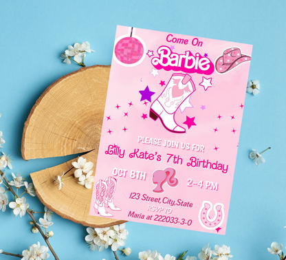 Barbie Cowboy Pink Birthday Invitation | Editable Canva Template | Kawaii Western Party Invite | Printable Girls Birthday Invitation