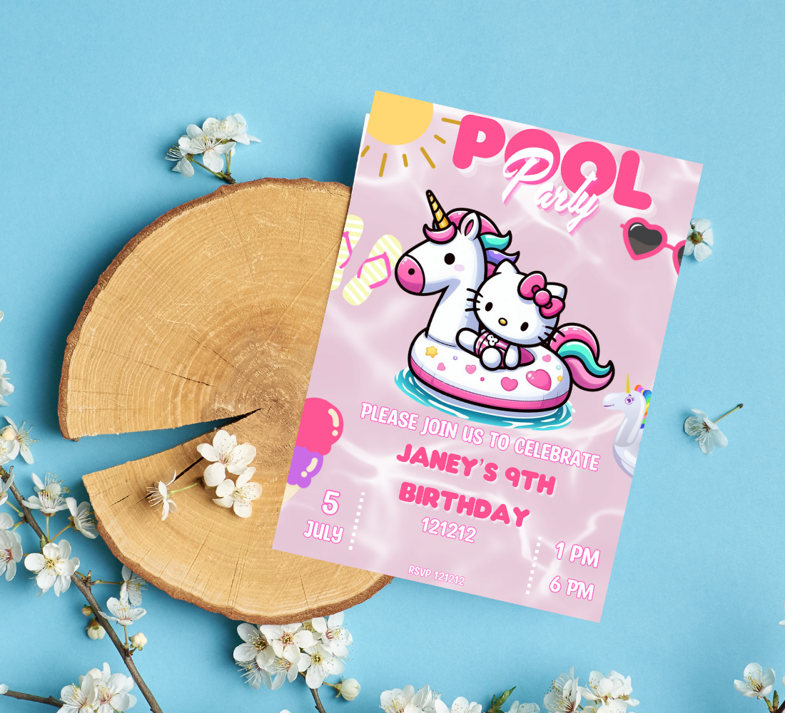 Hello Kitty Unicorn Pool Birthday Invitation | Editable Canva Template | Kawaii Summer Swim Party Invite | Printable Girls Birthday Invitation
