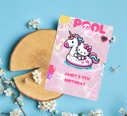 Hello Kitty Unicorn Pool Birthday Invitation | Editable Canva Template | Kawaii Summer Swim Party Invite | Printable Girls Birthday Invitation