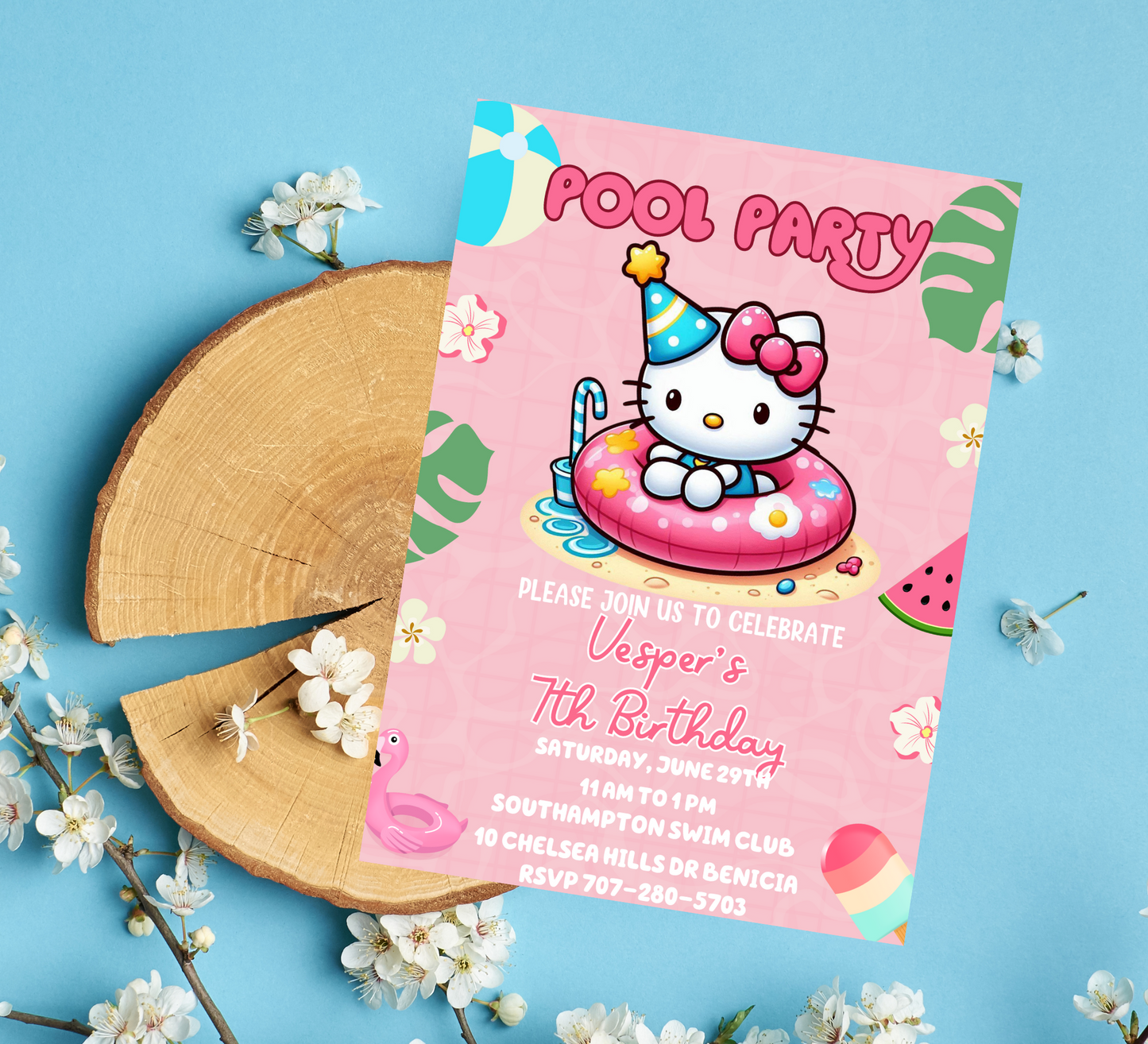 Hello Kitty Pool Pink Birthday Invitation | Editable Summer Pool Party Invite for Girls | Cute & Customizable Hello Kitty Template
