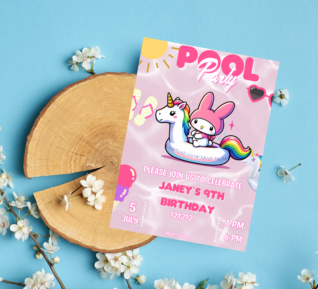 My Melody Unicorn Pool Birthday Invitation | Kawaii Pink Summer Party Invite | Editable Canva Template | Cute Sanrio Pool Birthday Printable
