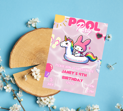 My Melody Unicorn Pool Birthday Invitation | Kawaii Pink Summer Party Invite | Editable Canva Template | Cute Sanrio Pool Birthday Printable