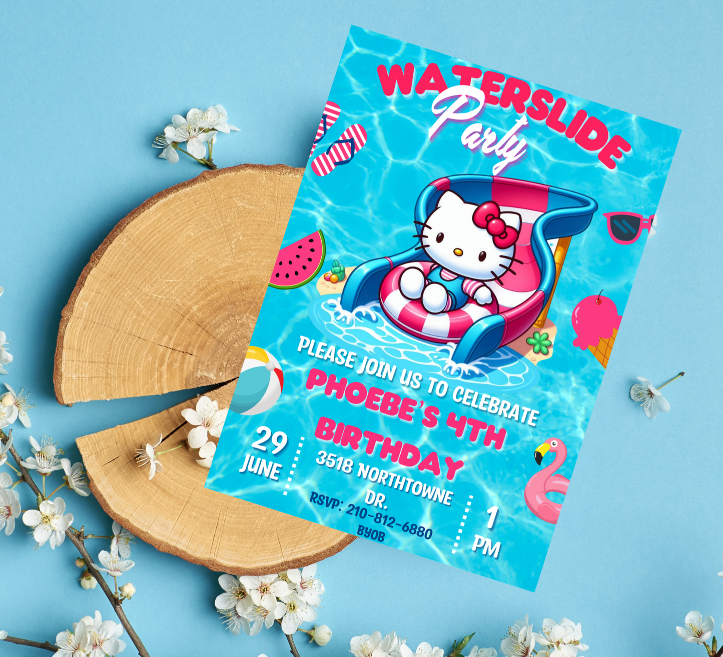 Hello Kitty Waterslide Birthday Invitation | Kawaii Pool Party Invite | Editable Canva Template | Summer Swim Birthday Printable