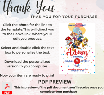 Paw Patrol Birthday Invitation | Kids Rescue Party Invite | Editable Canva Template | Printable Puppy Patrol Birthday Card
