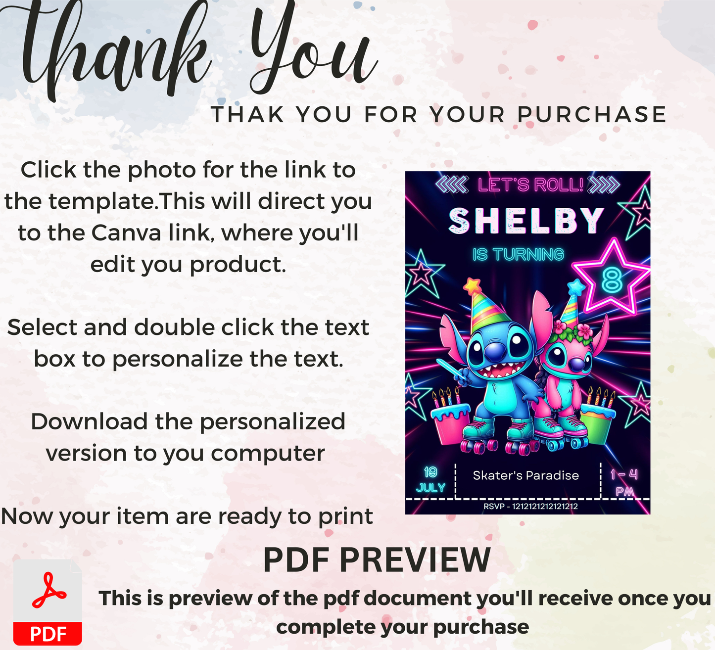 Stitch & Angel Neon Roller Skating Invitation | Glow in the Dark Skating Party | Editable Canva Template | Cyber Neon Birthday Invite