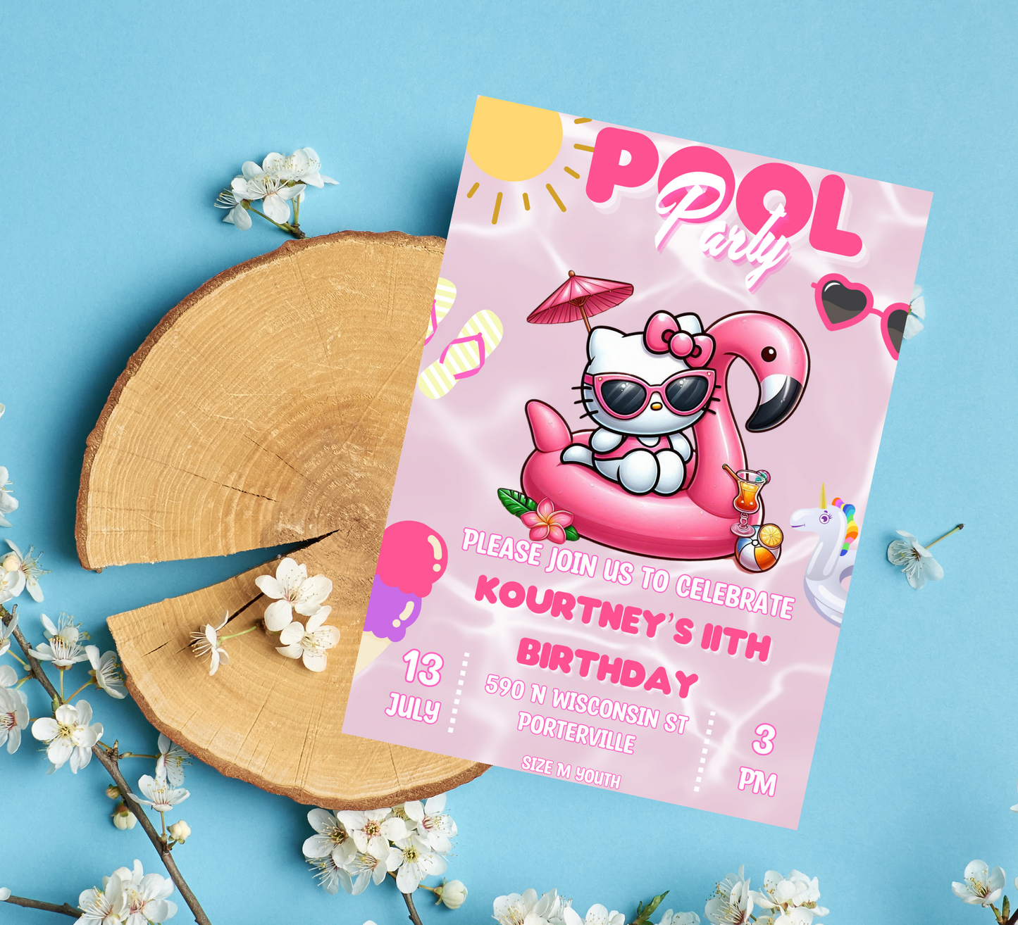 Hello Kitty Pool Flamingo Pink Birthday Invitation | Editable Canva Template | Summer Swim Party Invite | Printable Girls Birthday Invitation