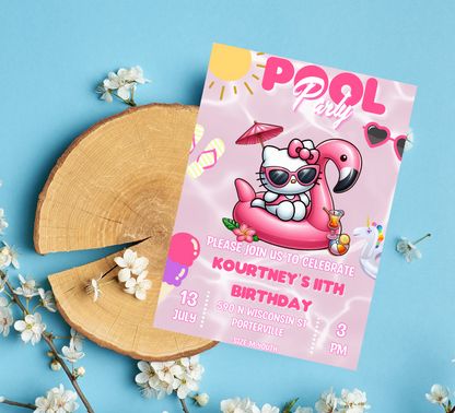Hello Kitty Pool Flamingo Pink Birthday Invitation | Editable Canva Template | Summer Swim Party Invite | Printable Girls Birthday Invitation