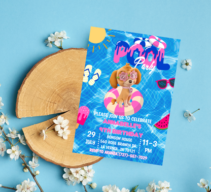 PAW Patrol Skye Pool Birthday Invitation | Pink Summer Splash Party | Editable Digital Template