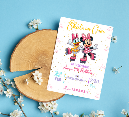Minnie Mouse & Daisy Duck Roller Skating Birthday Invitation | Cute Skating Rink Party Invite | Editable Canva Template | Pink Disney Birthday Invitation
