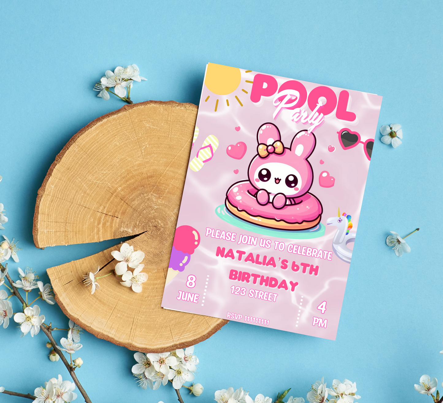 My Melody Pink Pool Birthday Invitation | Kawaii Summer Party Invite | Editable Canva Template | Cute Poolside Birthday Printable