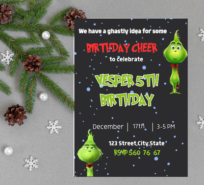 Grinch Birthday Christmas Invitation | Grinchmas Holiday Party Invite | Editable Template