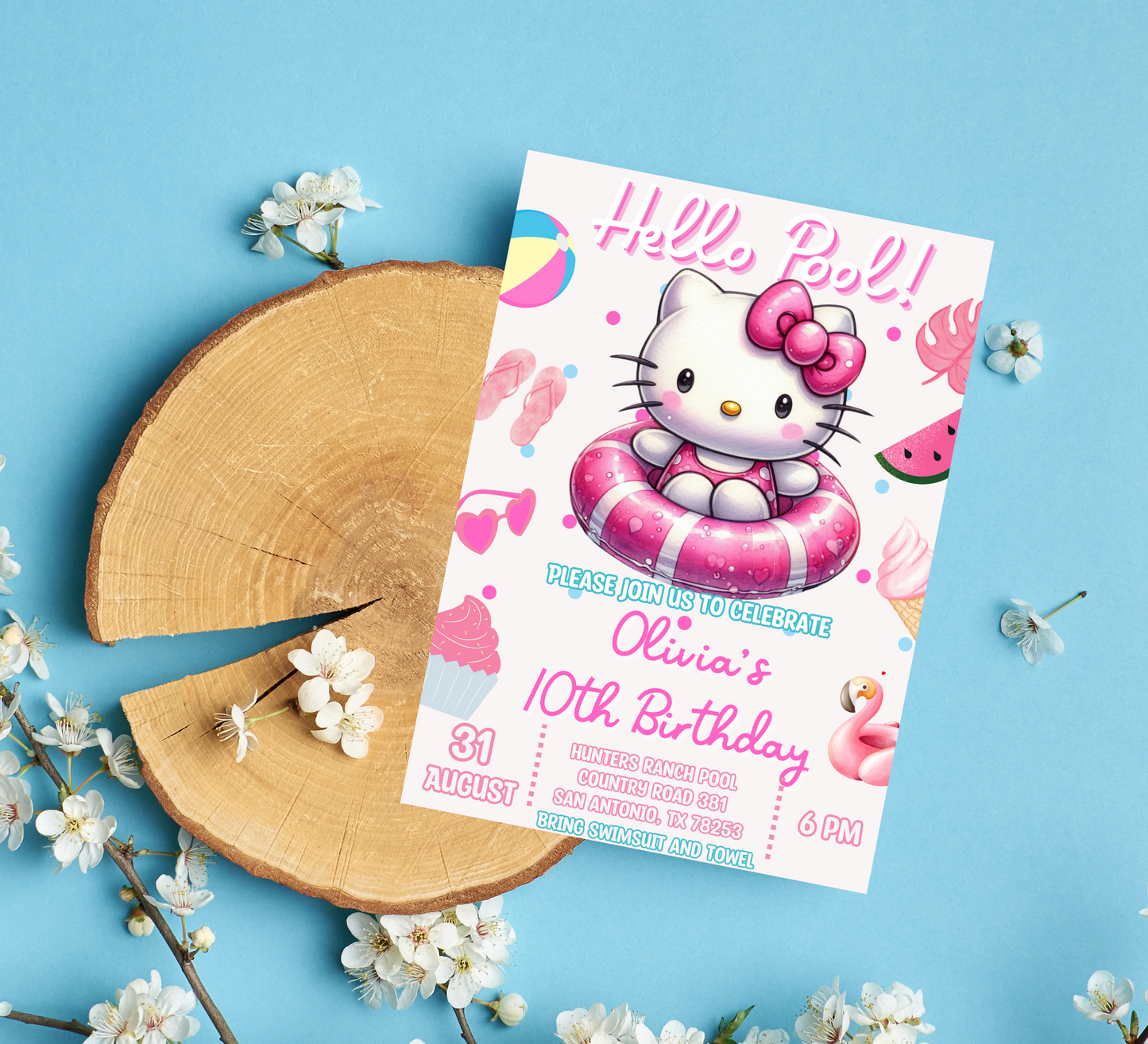 Hello Kitty Watercolor Pool Birthday Invitation | Editable Canva Template | Kawaii Summer Swim Party Invite | Printable Girls Birthday Invitation