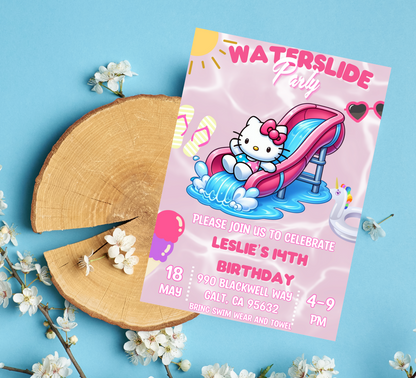 Hello Kitty Waterslide Pink Birthday Invitation 🎀💦 | Kawaii Pool Party | Editable Canva Template