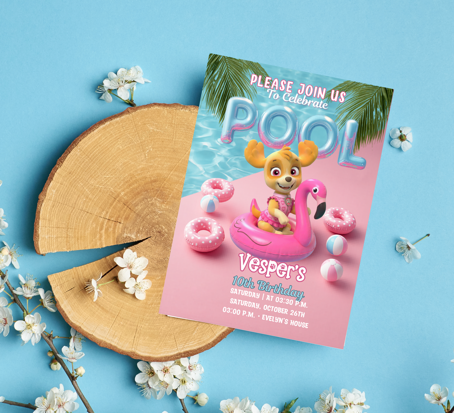 Skye PAW Patrol Pool Birthday Invitation – Editable Canva Template – Pink Girl’s Summer Swim Party Invite – High-Flying Splash Birthday Invitation