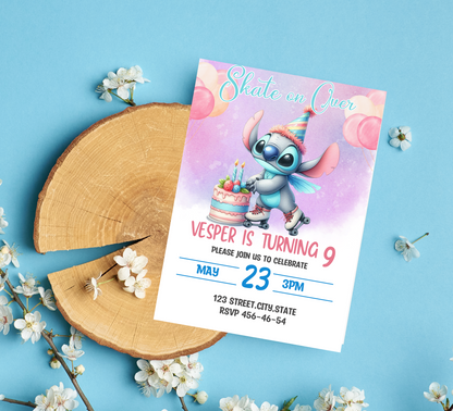 Stitch Watercolor Roller Skating Birthday Invitation | Editable Canva Template | Cute Kids Party Invite | Printable Birthday
