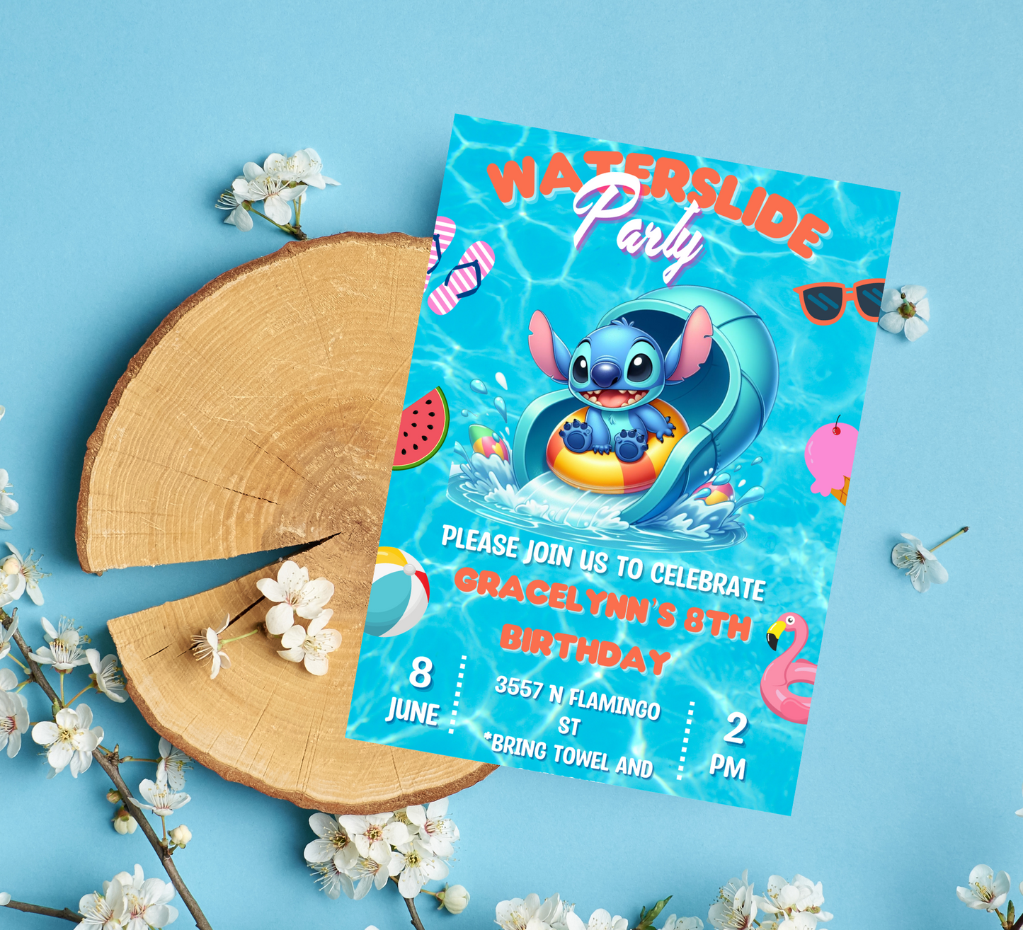 Stitch Waterslide Pool Birthday Invitation | Editable Canva Template | Tropical Swim Party Invite | Printable Summer Birthday Invitation