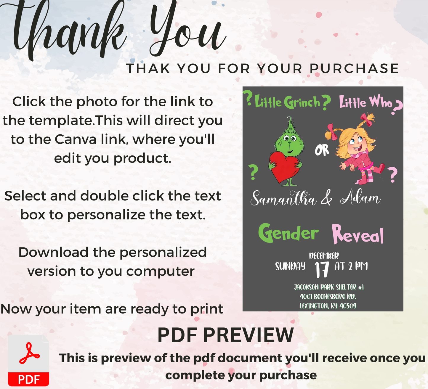 Grinch & Cindy Lou Christmas Gender Reveal Invitation | Pink & Green Holiday Reveal | Editable Template