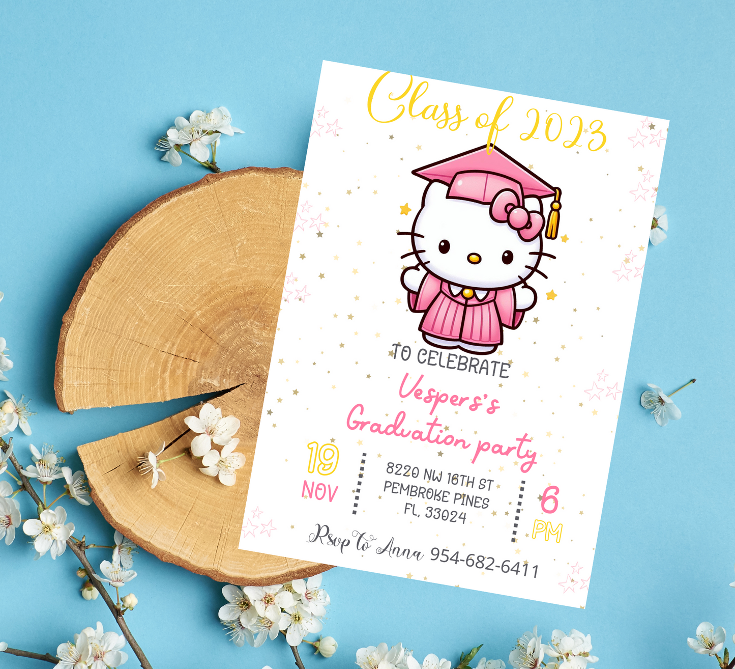 Hello Kitty Pink Graduation Invitation for Kids | Editable Canva Template | Cute Kawaii Graduation Party Invite | Printable Celebration Invitation