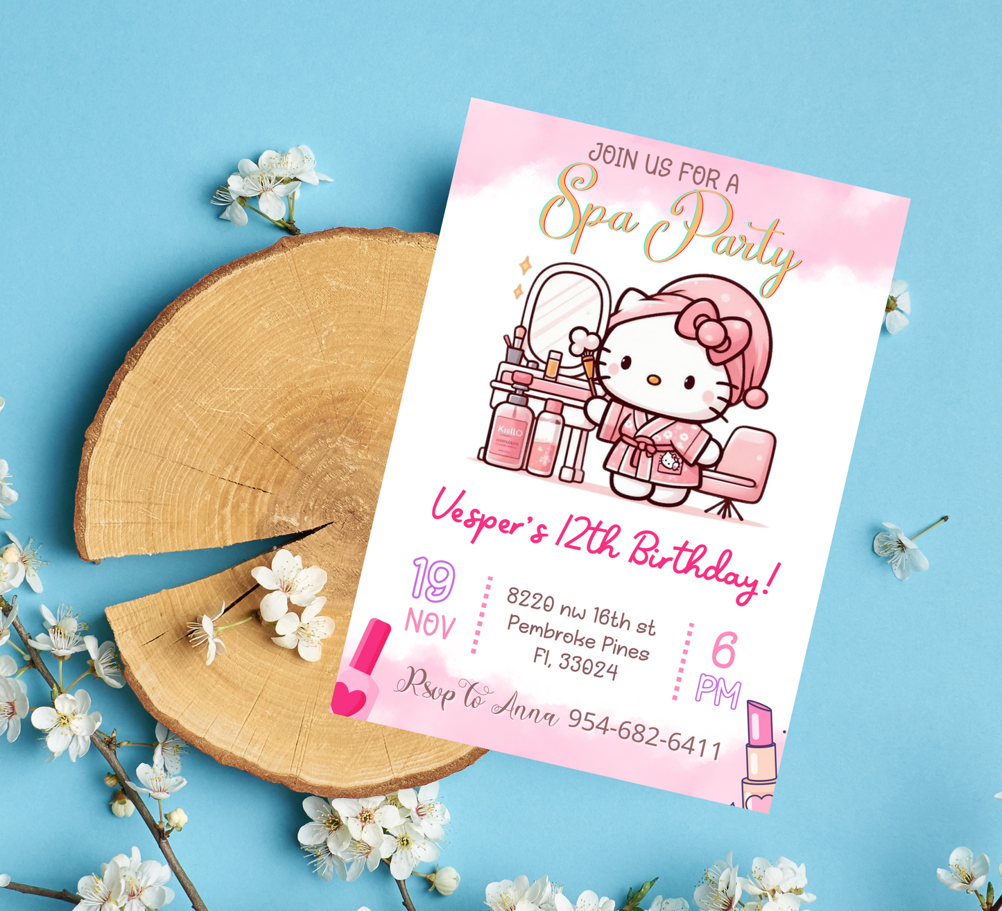 Hello Kitty Spa Sleepover Birthday Invitation | Editable Canva Template | Kawaii Slumber & Spa Party Invite | Printable Kids Birthday