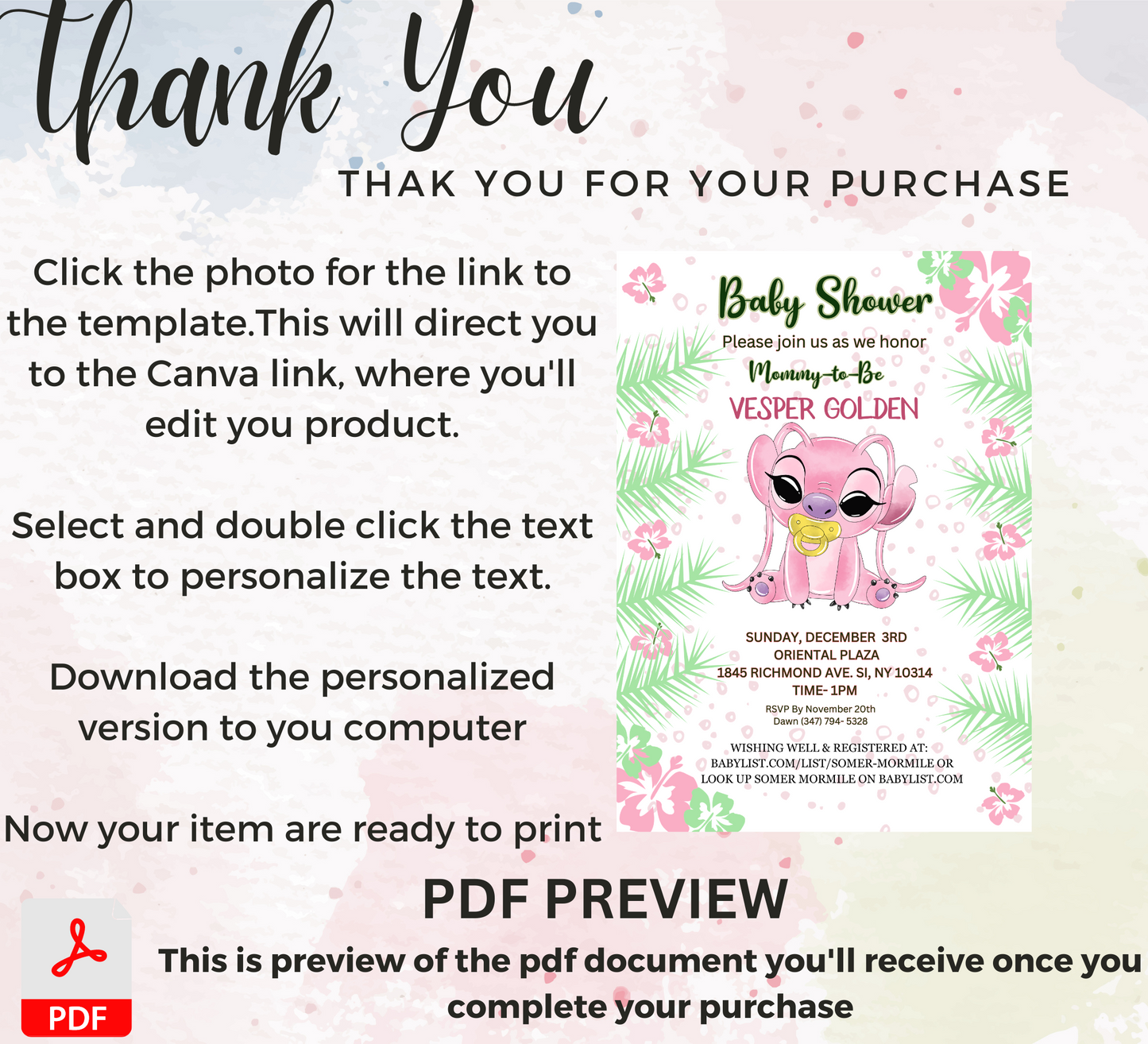 Stitch Pink Baby Shower Invitation | Cute Girl Baby Shower Invite | Editable Canva Template | Kawaii Stitch Baby Shower Printable