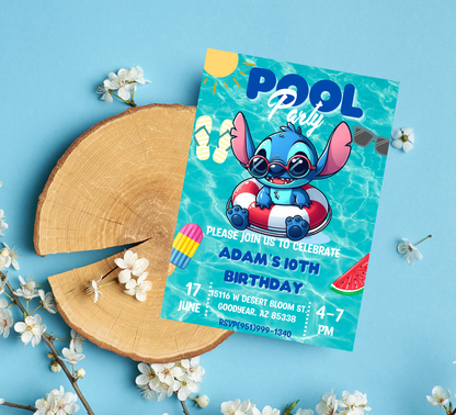 Stitch Pool Birthday Invitation | Kawaii Summer Swim Party Editable Canva Template