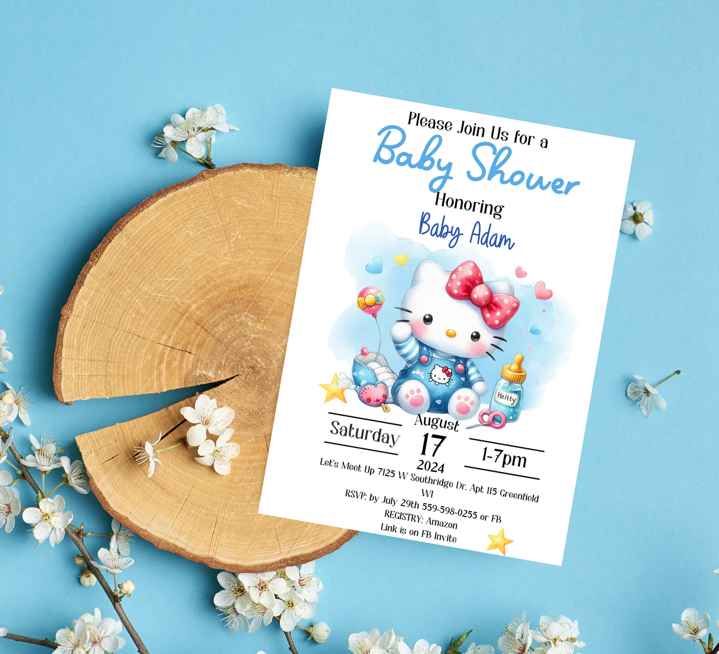 Hello Kitty Blue Baby Shower Invitation | Editable Canva Template | Kawaii Baby Boy Shower Invite | Printable Cute Baby Announcement