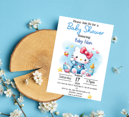 Hello Kitty Blue Baby Shower Invitation | Editable Canva Template | Kawaii Baby Boy Shower Invite | Printable Cute Baby Announcement