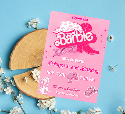 Barbie Cowboy Pink Birthday Invitation | Editable Canva Template | Western Themed Girls Party Invite | Printable Birthday Invitation