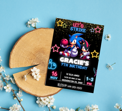 Sonic & Shadow Neon Bowling Birthday Invitation | Glow Bowling Party Invite | Editable Canva Template | Sonic Neon Birthday Invitation