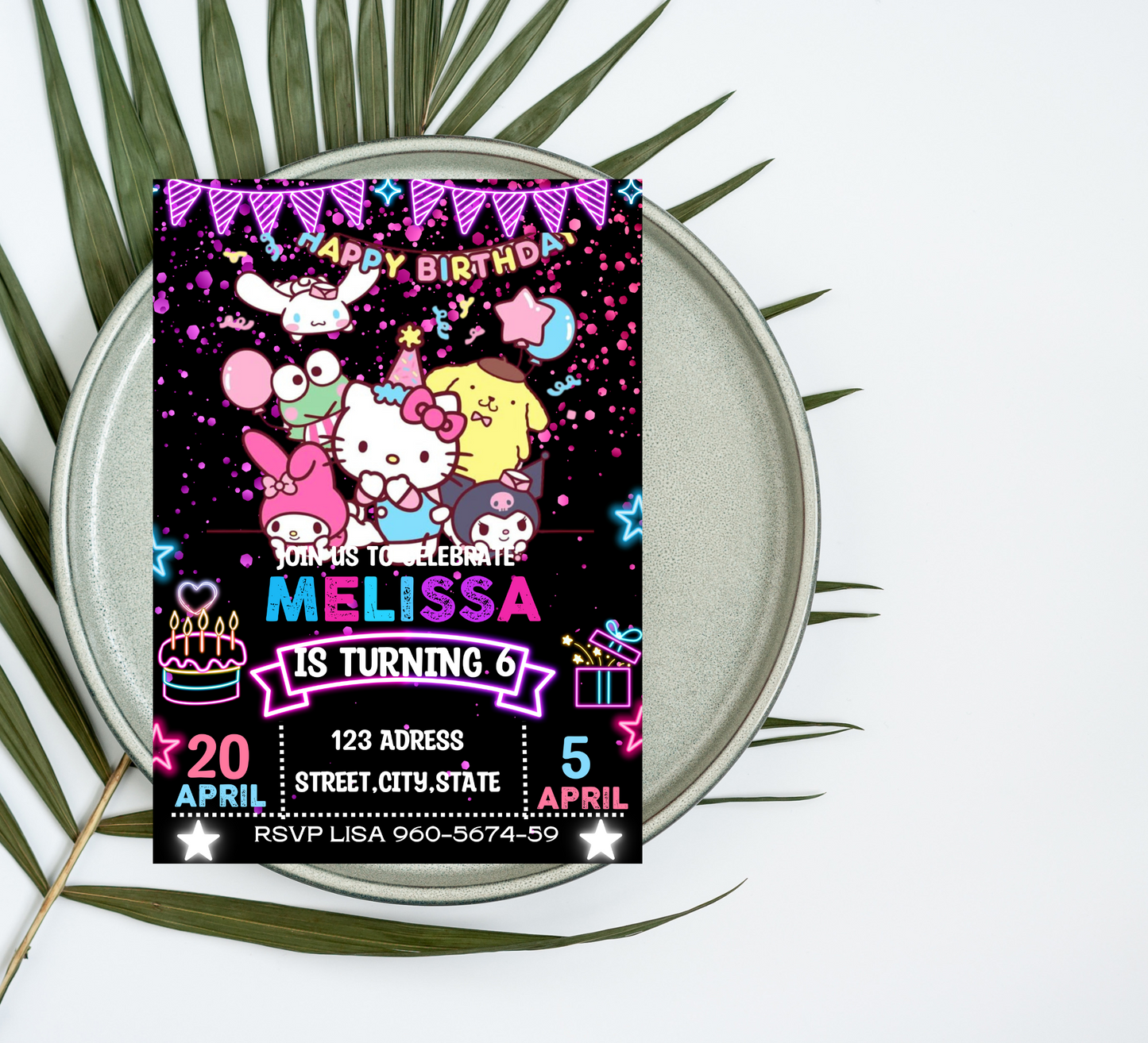 Hello Kitty & Friends Kawaii Neon Birthday Invitation | Editable Canva Template | Cute Glow Party Invite | Printable Girls Birthday Invitation