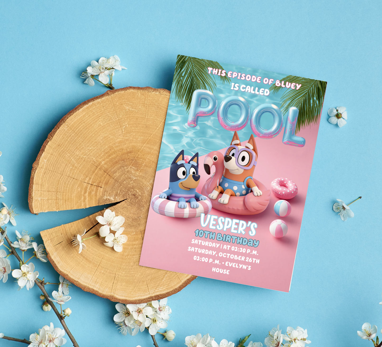 Bluey Pool Birthday Invitation – Editable Canva Template – Bluey & Bingo Swim Party Invite – Kids Summer Splash Birthday Printable – Tropical Heeler Family Pool Bash