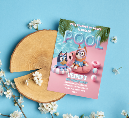 Bluey Pool Birthday Invitation – Editable Canva Template – Bluey & Bingo Swim Party Invite – Kids Summer Splash Birthday Printable – Tropical Heeler Family Pool Bash