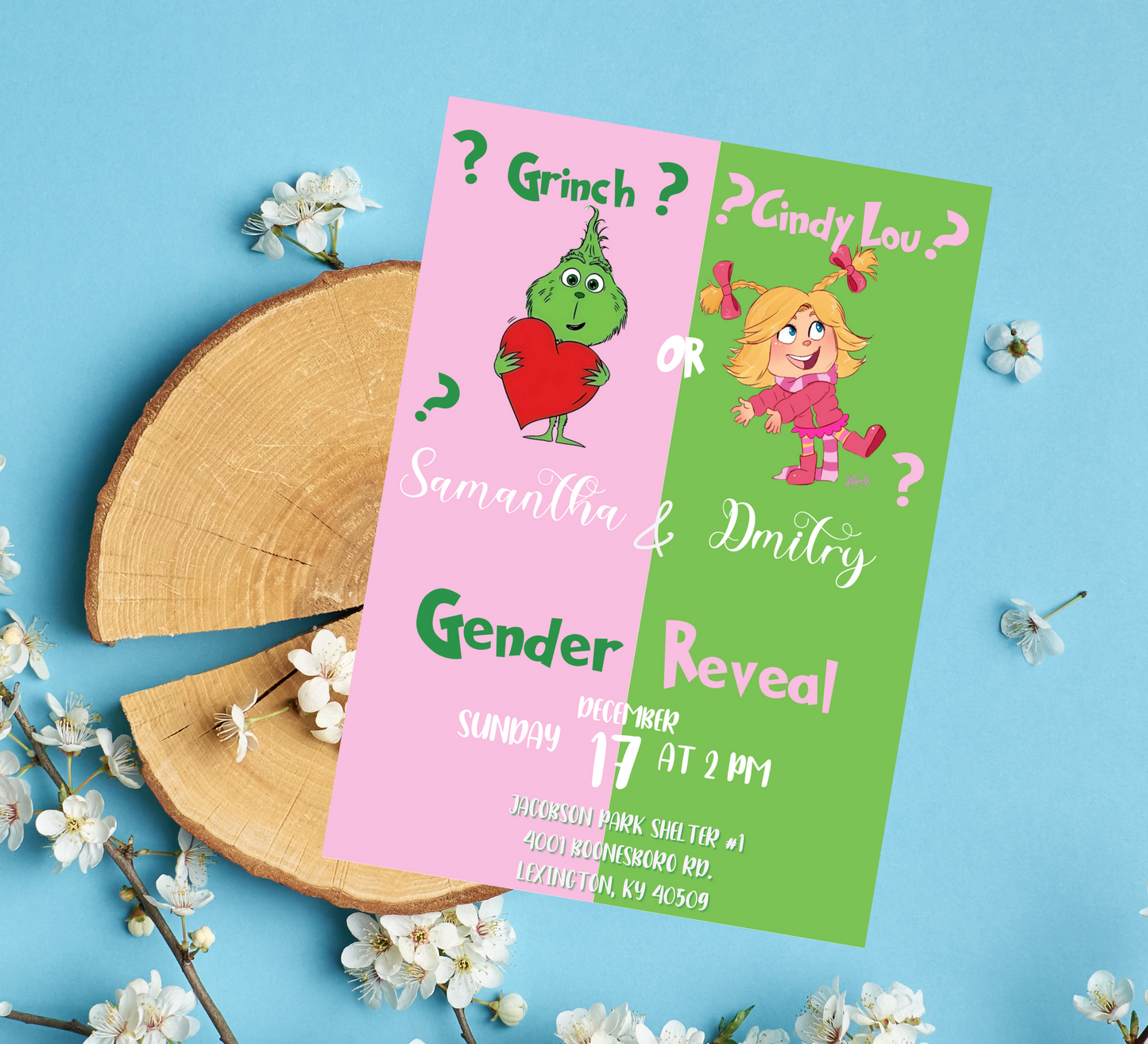 Grinch and Cindy-Lou Gender Reveal Invitation | Pink & Green Holiday Theme | Editable Canva Template | Printable Gender Reveal Party Invite